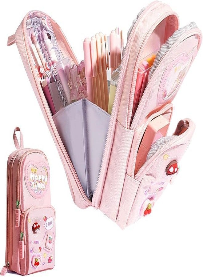 Zollyss Happy Time Pencil Case, Large Capacity 3-Layer Stationery Pouch with 5 Compartments with Sparkling Powder and Stickers (Pink) - Image 1